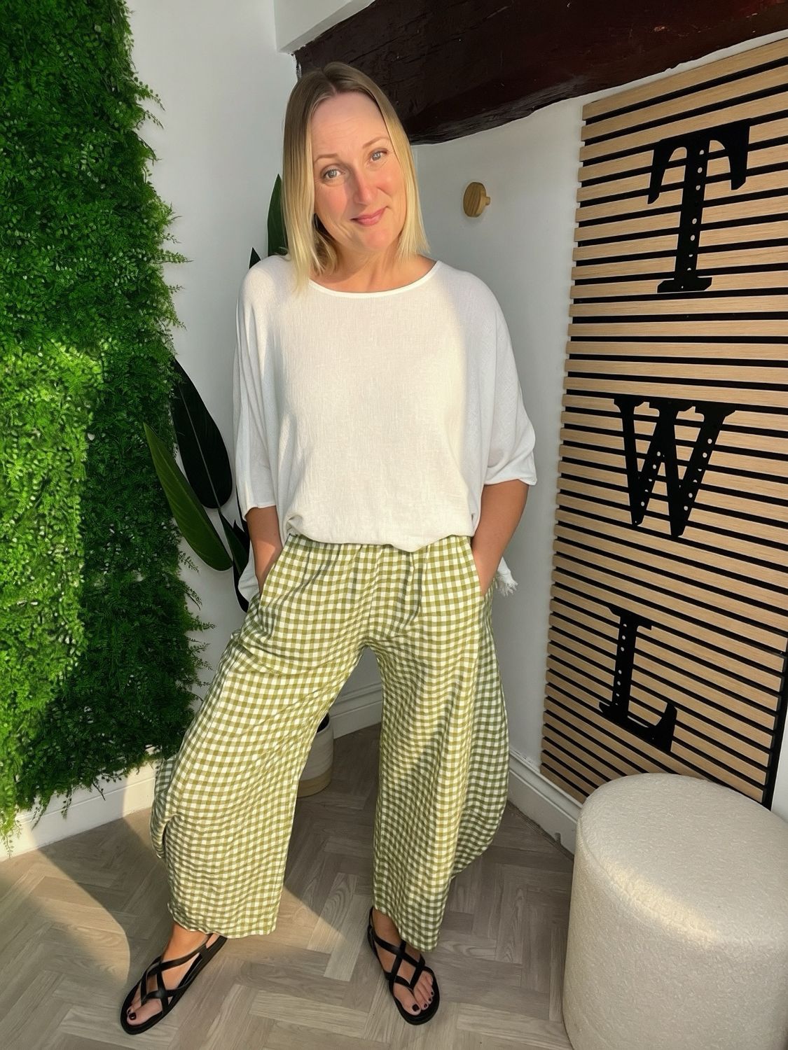 Gingham Barrel Leg Trouser - Olive
