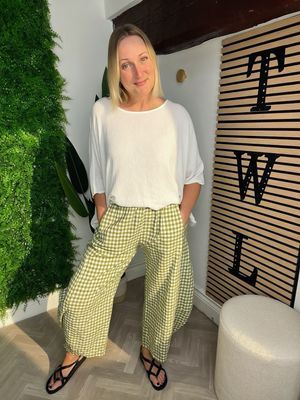 Gingham Barrel Leg Trouser - Olive
