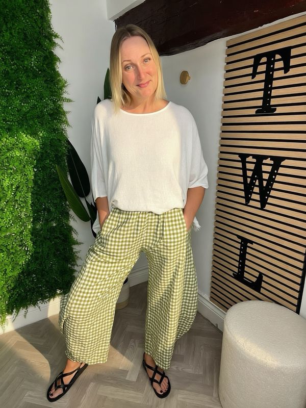 Gingham Barrel Leg Trouser - Olive