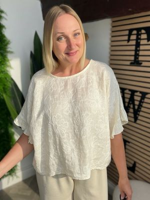 Embroidered Frill Sleeve Top - Buttermilk