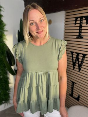 Broderie Anglaise Tee With Smock Hem - Khaki