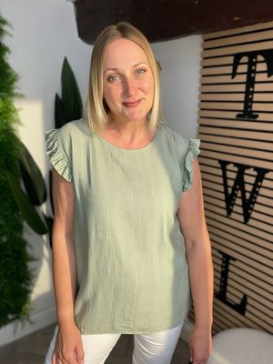 Frill Sleeve & Button Back Detail Top - Khaki