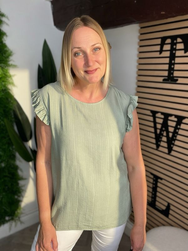 Frill Sleeve & Button Back Detail Top - Khaki