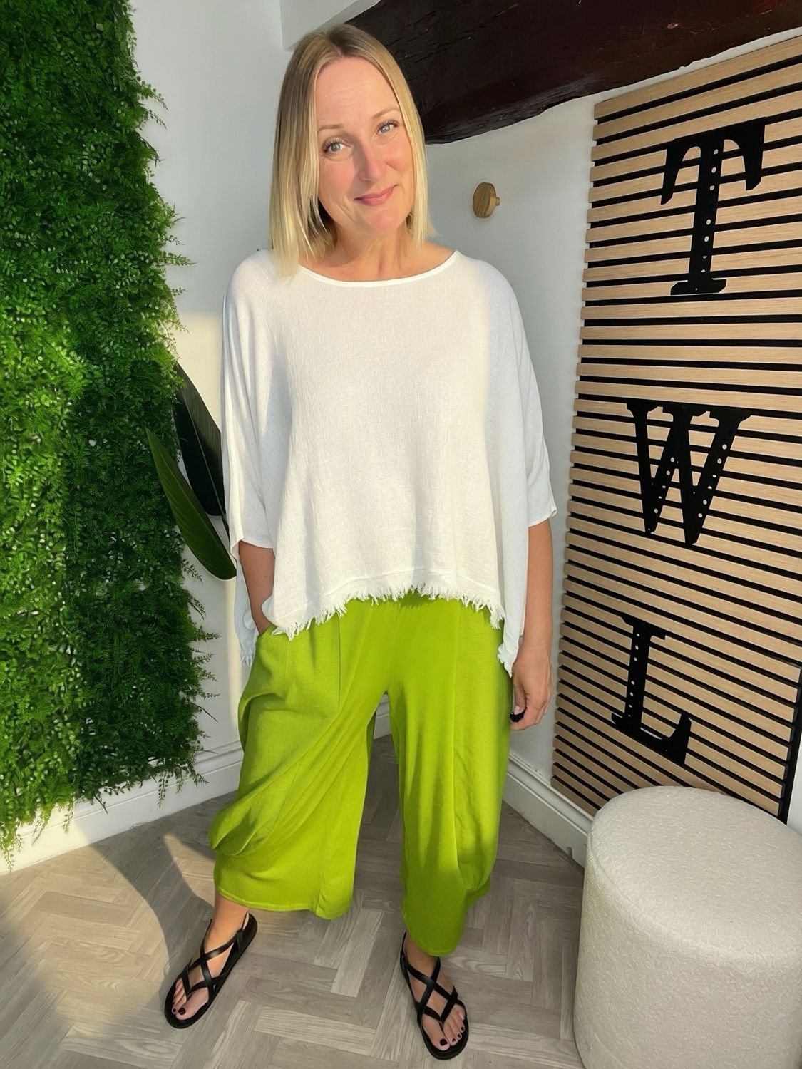 2 Fabric Cotton Trousers - Lime