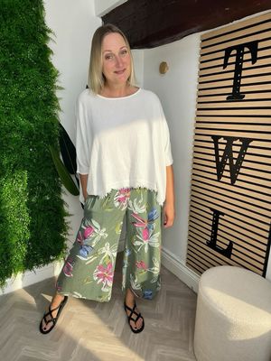 Floral Cotton Wider Leg Trousers - Khaki
