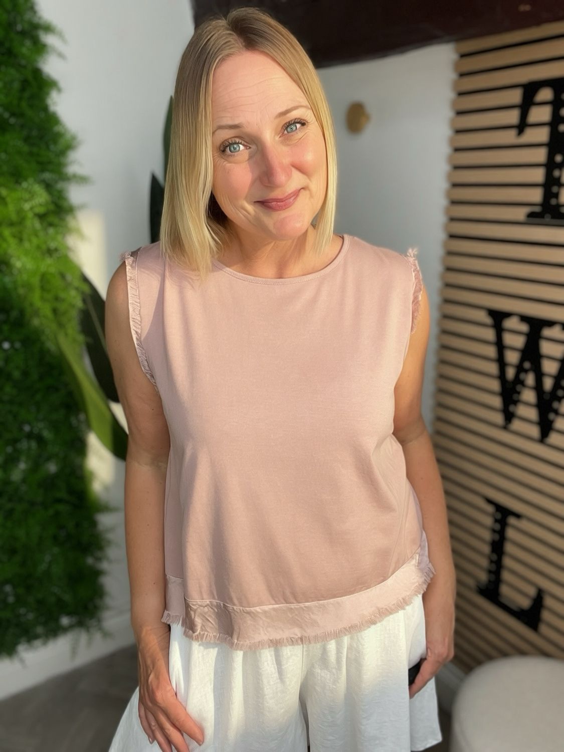 Sleeveless Top With Satin Trim - Rose