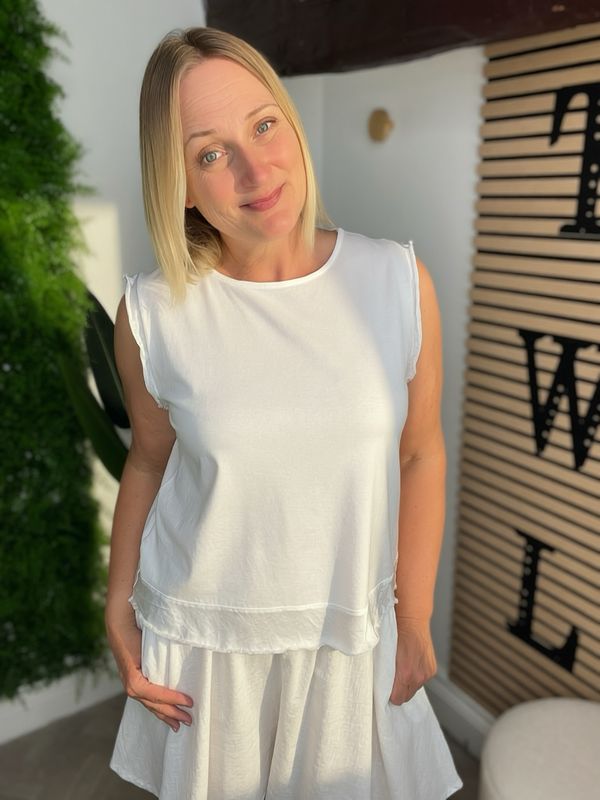 Sleeveless Top With Satin Trim - White