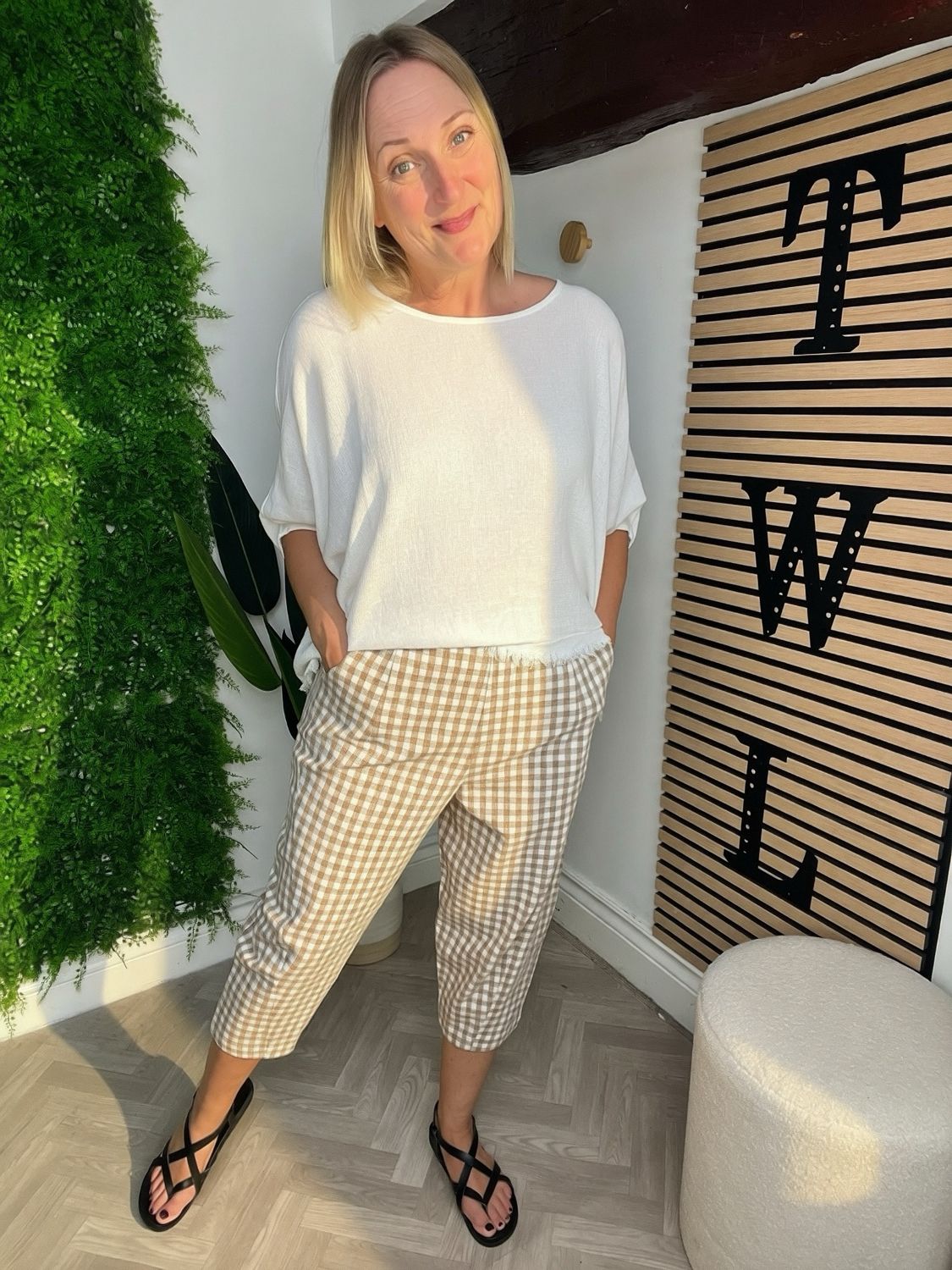 Gingham Tapered Cotton Trousers - Stone