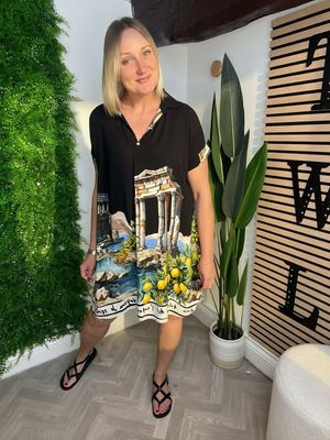 Tunic Style Notch Neck Dress - Black
