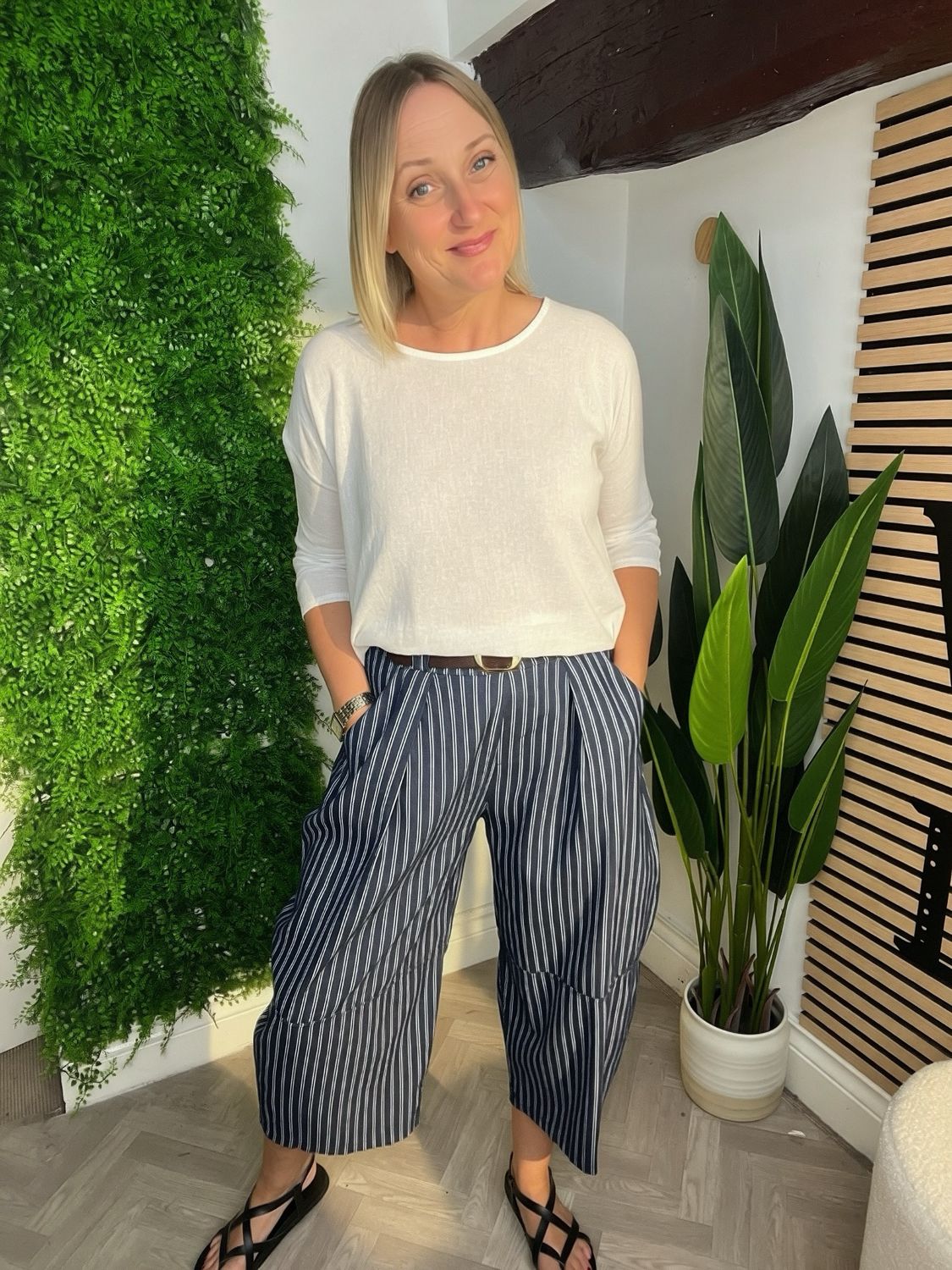 Barrel Leg Stripe Chambray Trouser - Indigo Barrel Leg Stripe Chambray Trouser - Indigo