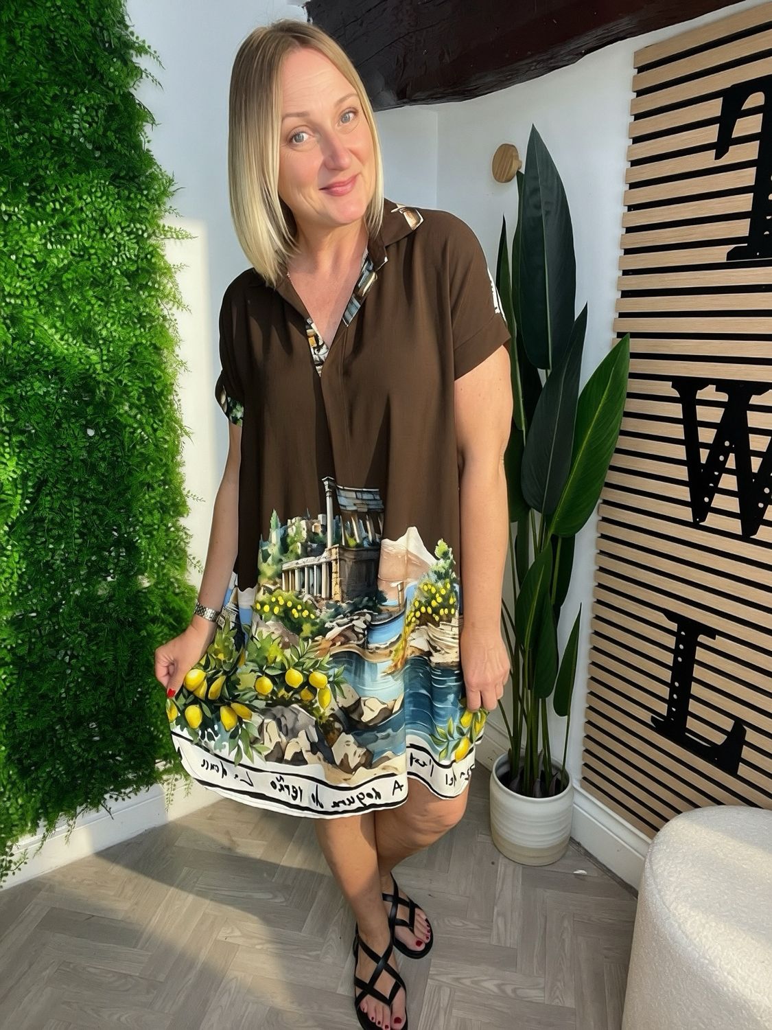 Tunic Style Notch Neck Dress - Coffee Tunic Style Notch Neck Dress - Coffee