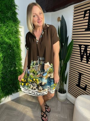Tunic Style Notch Neck Dress - Coffee