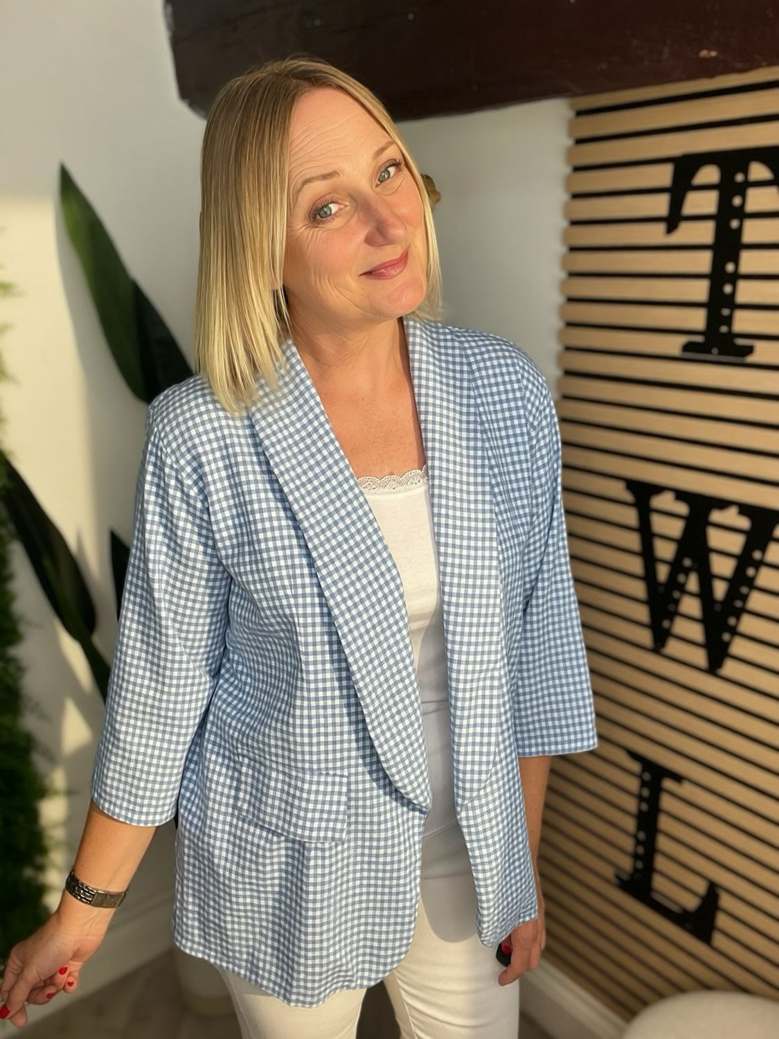 Gingham Edge To Edge Blazer - Blue Gingham Edge To Edge Blazer - Blue