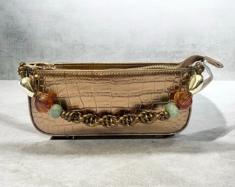 Mini Faux Leather Handbag With Beaded Detail - Bronze