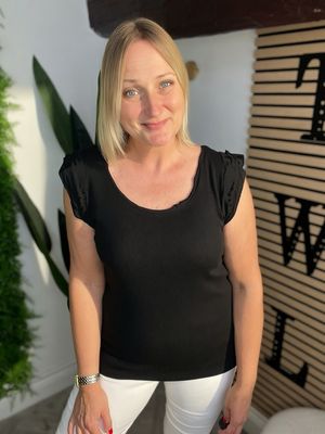 Vest Top Ribbed Detail With Broderie Anglaise - Black Vest Top Ribbed Detail With Broderie Anglaise - Black