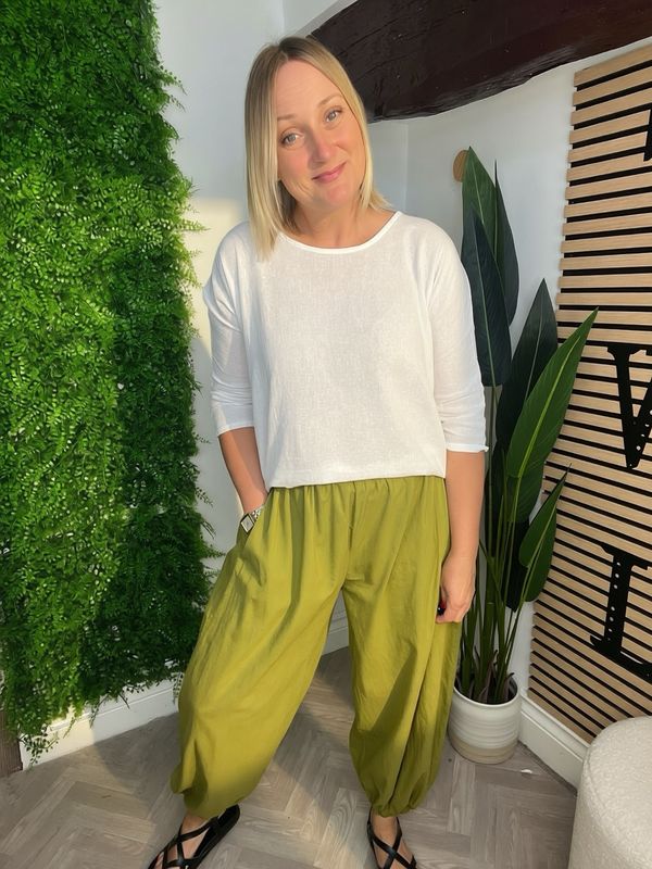 Cuffed 100% Cotton Trousers - Olive Green