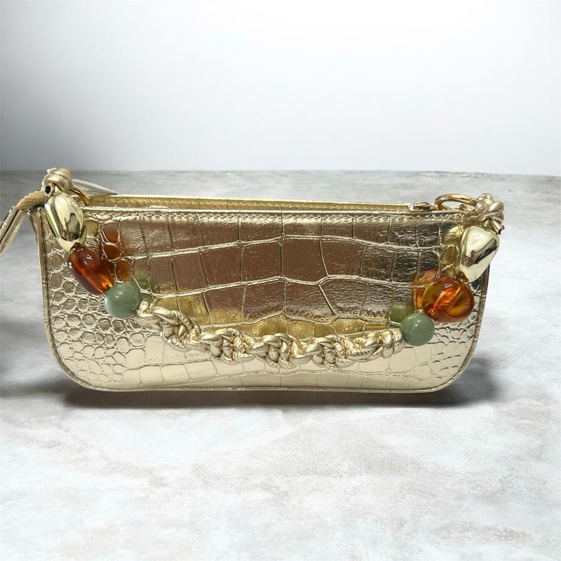 Mini Faux Leather Handbag With Beaded Detail - Gold