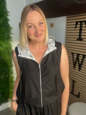 Sleeveless Bomber Jacket With Lace Trim - Black