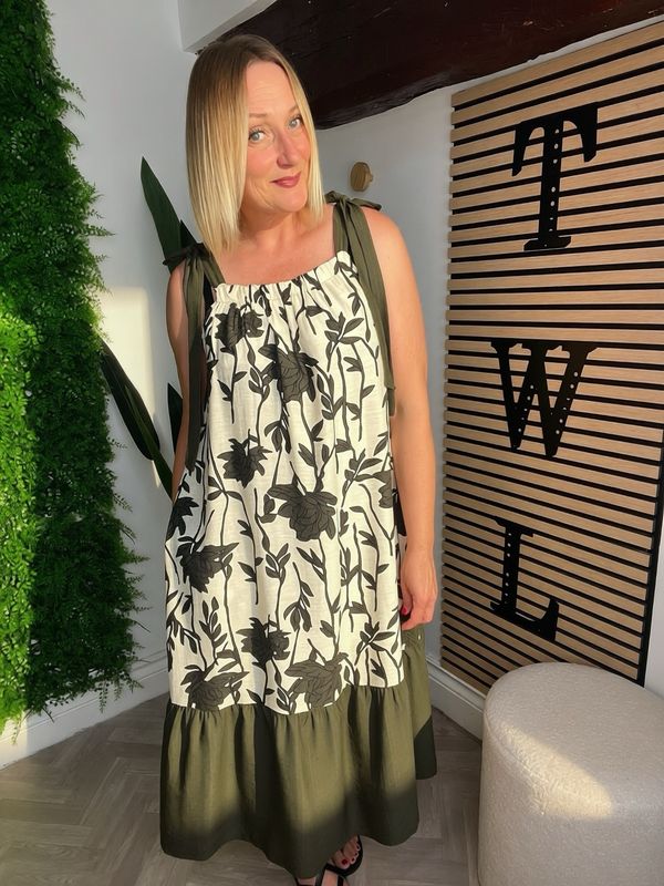 Tie Sun Dress - Khaki & Cream Floral