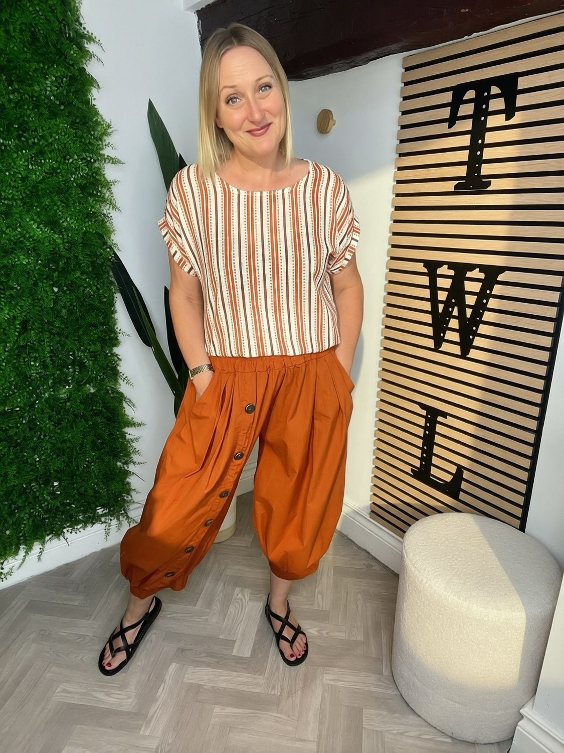 Cuffed Button Detail Trousers - Terracotta