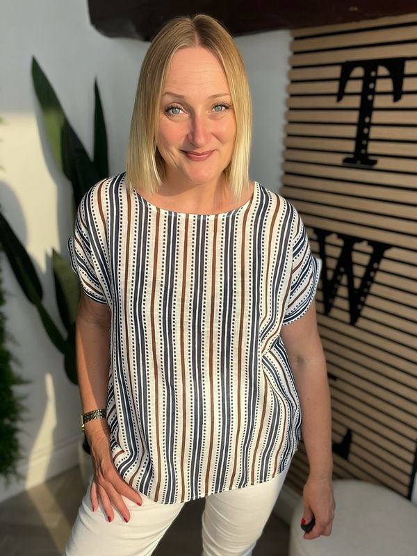 Dot & Stripe Capped Sleeve Top - Navy & White