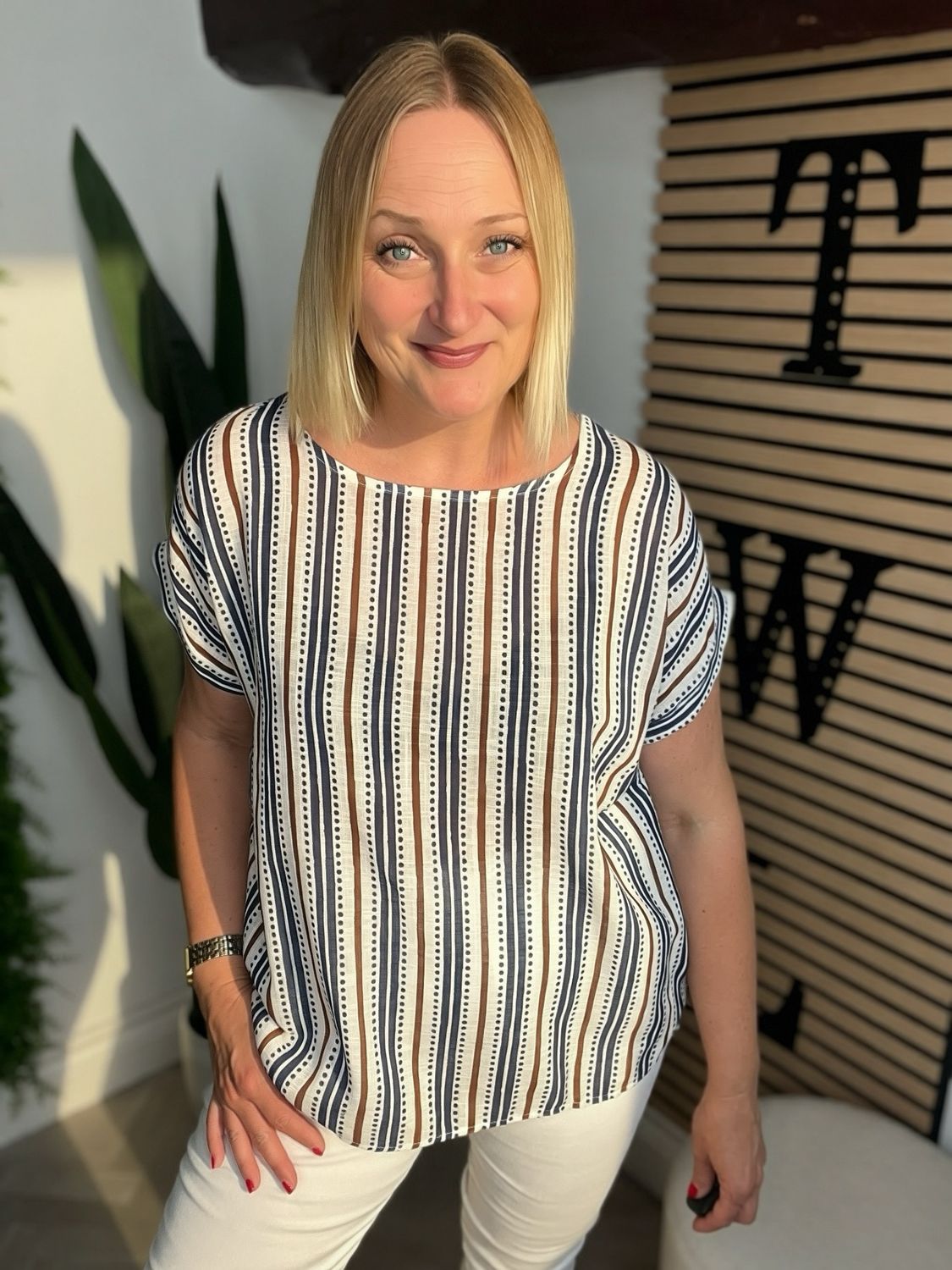 Dot & Stripe Capped Sleeve Top - Navy & White