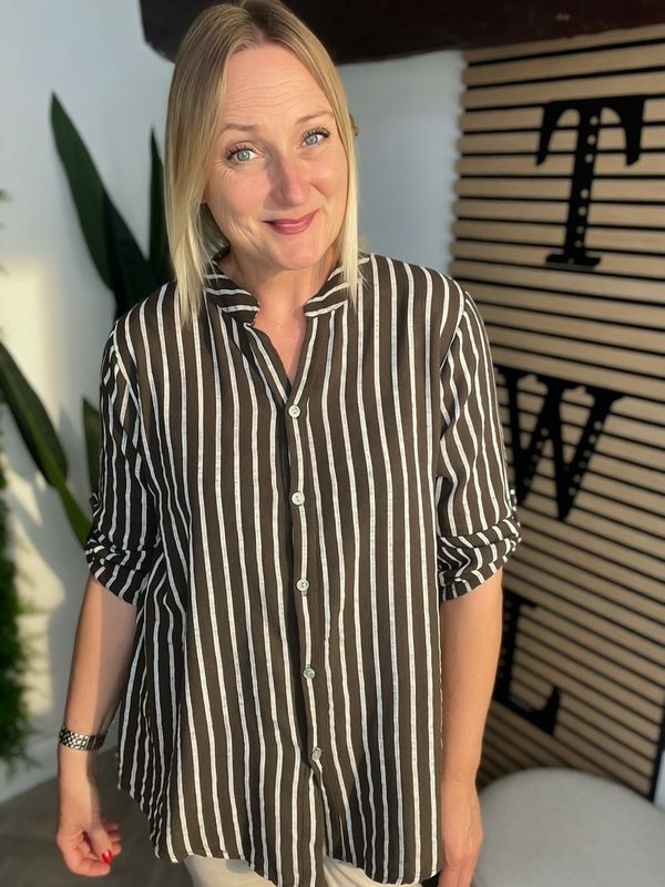 Patterned Cotton Shirt- Coffee Stripe