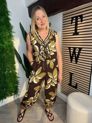 Tie Front Detail Jumpsuit- Coffee, Khaki & Cream Mix Tie Front Detail Jumpsuit- Coffee, Khaki & Cream Mix
