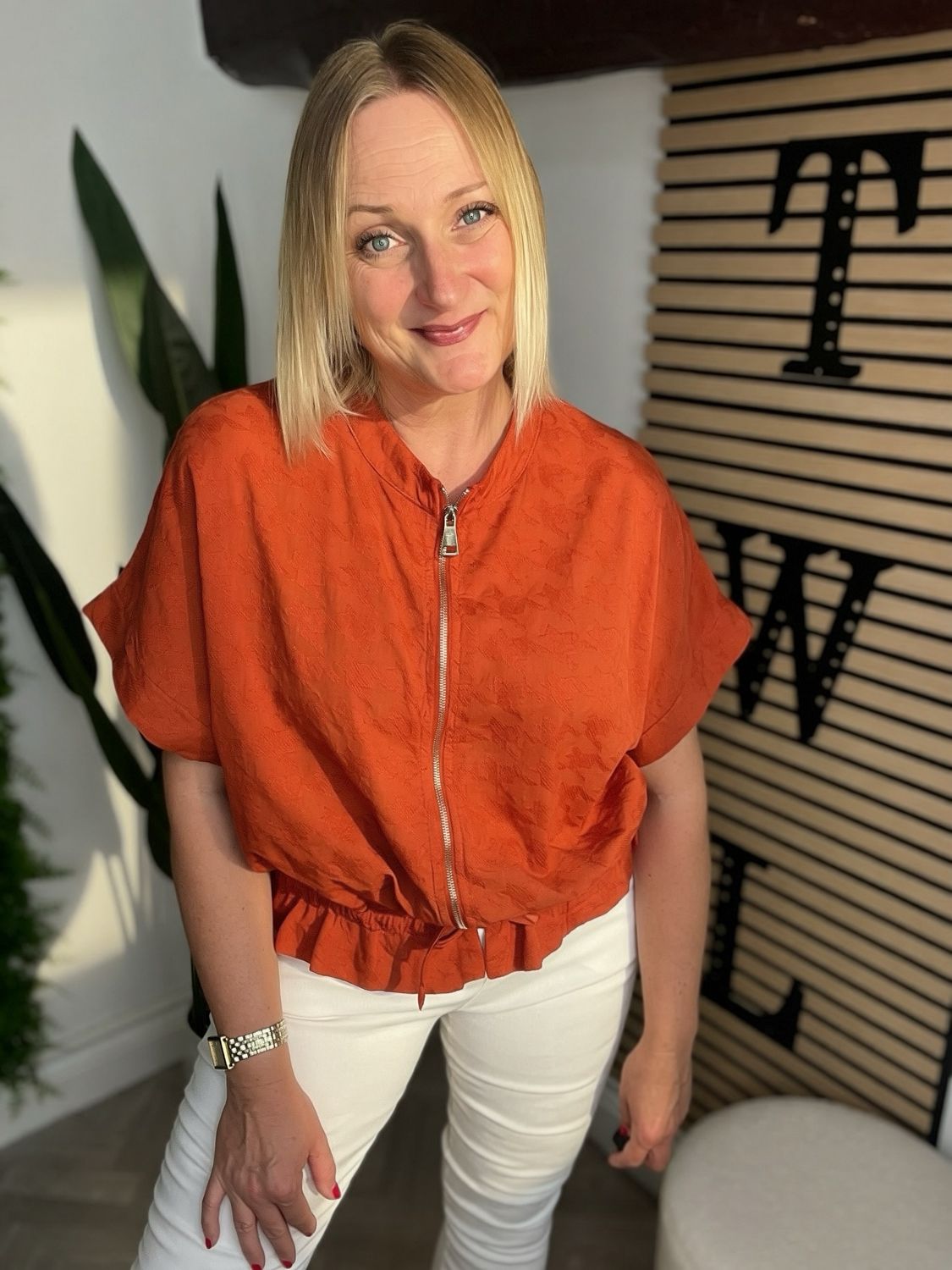 Houndstooth Short Sleeve Bomber Jacket - Terracotta