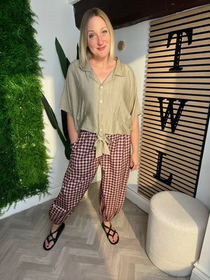 Harlequin Cuffed Cotton Trousers - Purple & Camel Harlequin Cuffed Cotton Trousers - Purple & Camel