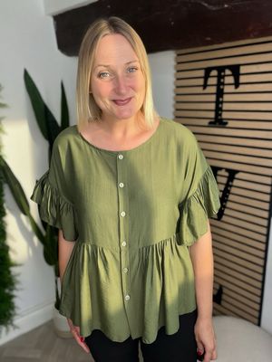 Smock Hem & Frill Sleeve Shirt - Dark Olive