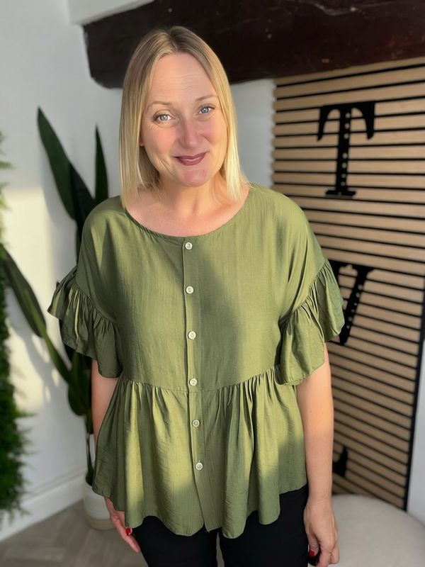 Smock Hem & Frill Sleeve Shirt - Dark Olive