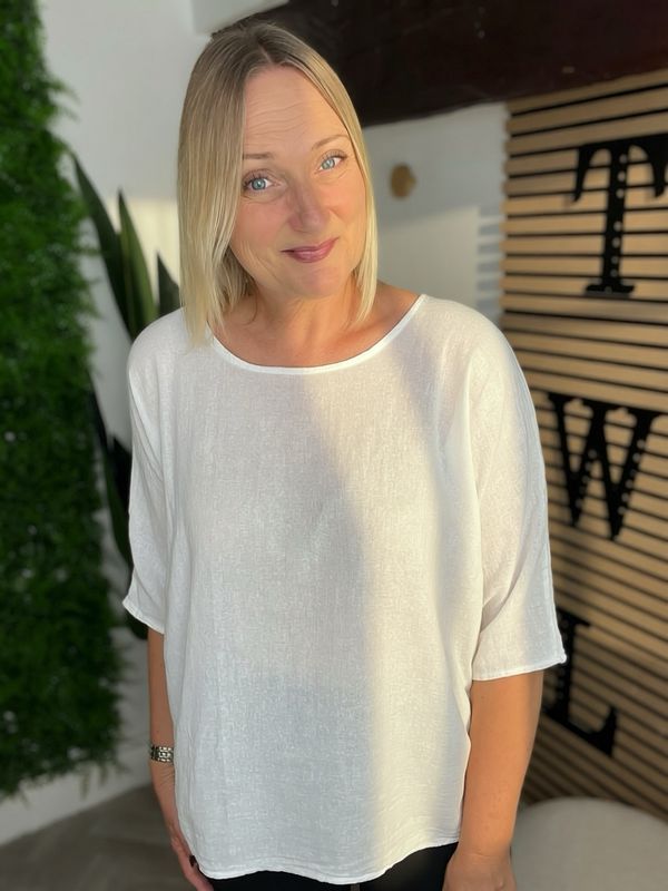 Box Fit Cotton Top With 3/4 Sleeves- White