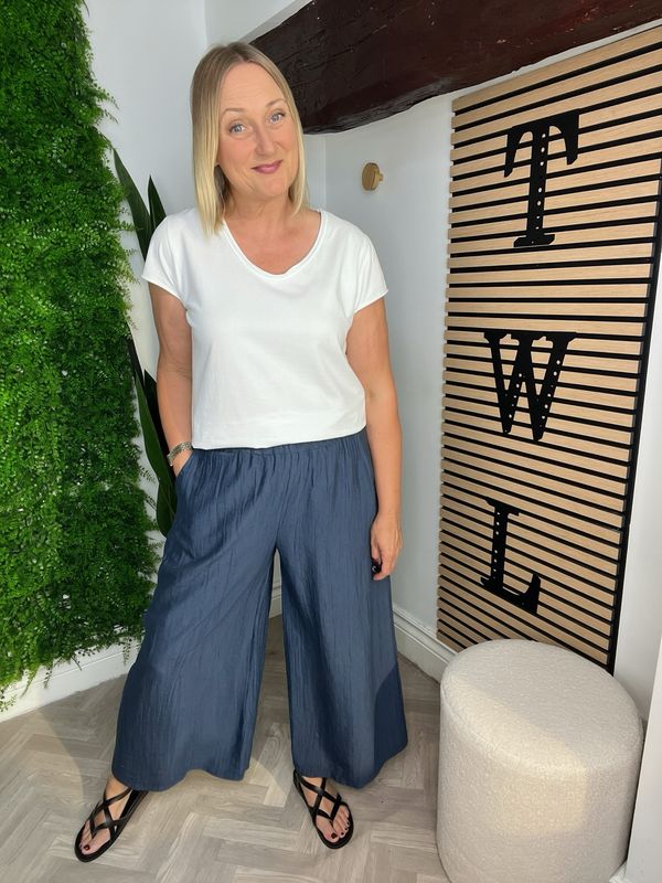 Wide Leg Trousers Ankle Grazer - Navy
