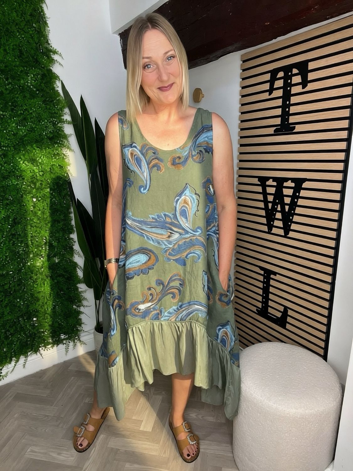 Summer Sun Linen Dress - Khaki & Blue