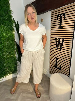 Cropped Drawstring Striped Trousers - Stone