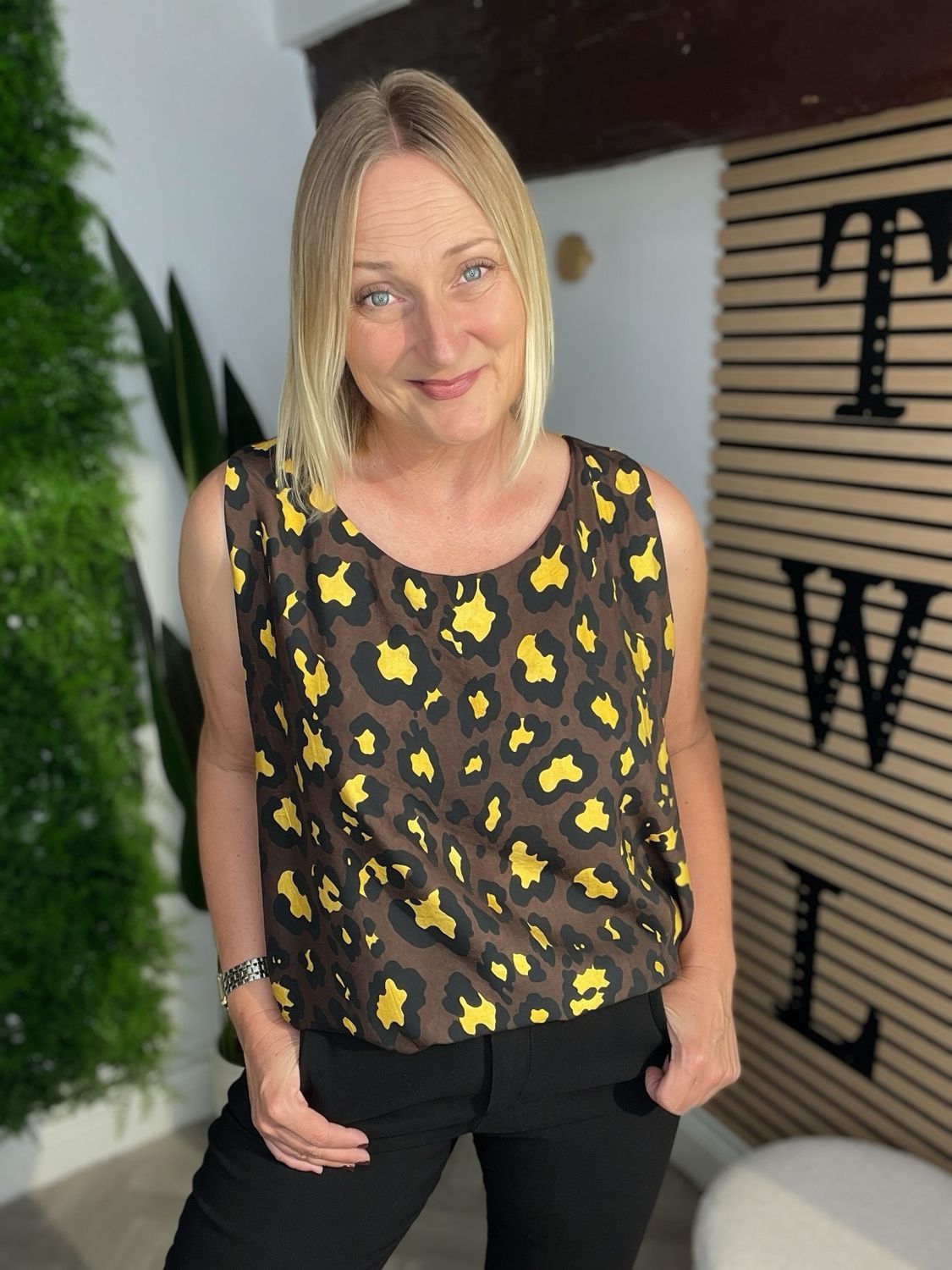 Animal Print Sleeveless Top - Chocolate & Mustard