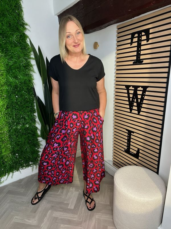 Animal Print Wide Leg Trouser - Red & Purple