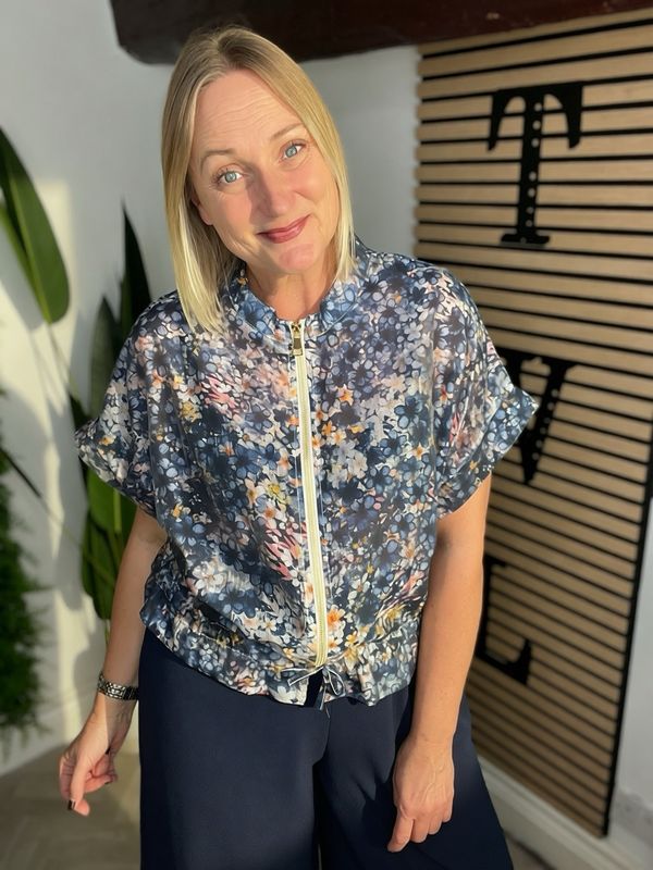 Sheer Short Sleeve Bomber Jacket - Navy