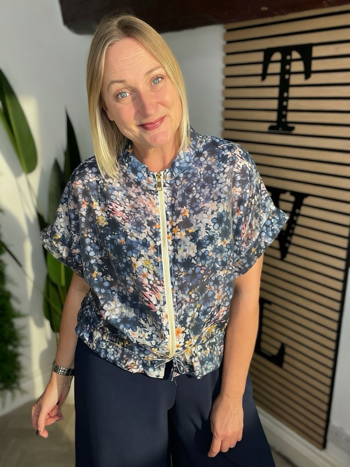 Sheer Short Sleeve Bomber Jacket - Navy