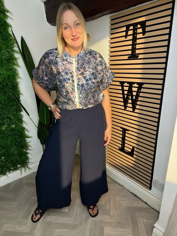 Shirred Waist Wide Leg Trousers - Navy