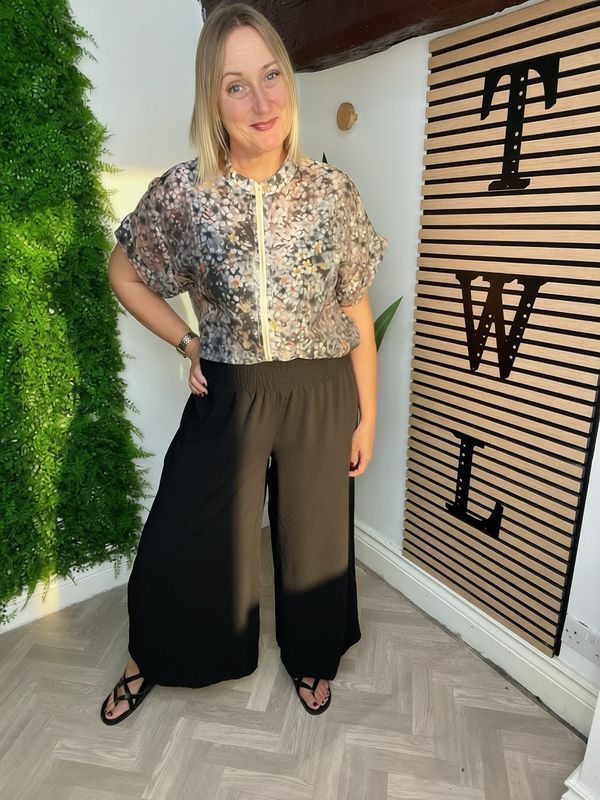 Shirred Waist Wide Leg Trousers - Black