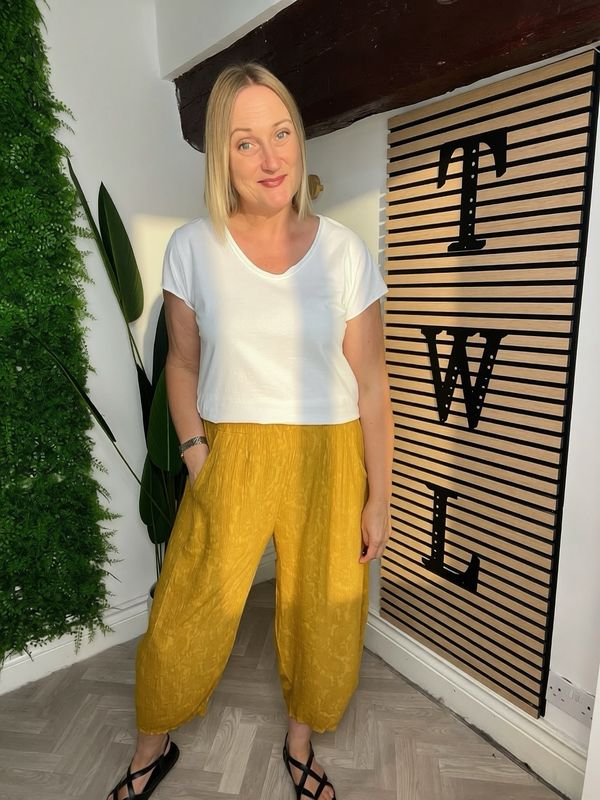 Embossed Barrel Leg Trousers - Mustard
