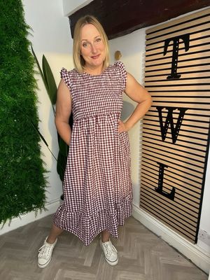 Shirred Stitch Gingham Dress - Wine
