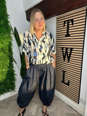 Cuffed Button Detail Trousers - Navy Cuffed Button Detail Trousers - Navy