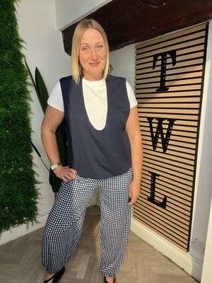 Cuffed Gingham Trousers - Navy