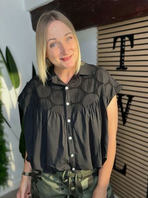 Broderie Anglaise Bubble Hem Shirt - Black Broderie Anglaise Bubble Hem Shirt - Black