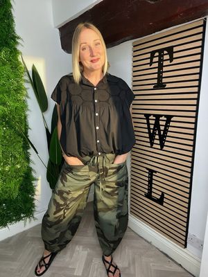 Barrel Leg Cotton Trousers - Camouflage Green Barrel Leg Cotton Trousers - Camouflage Green