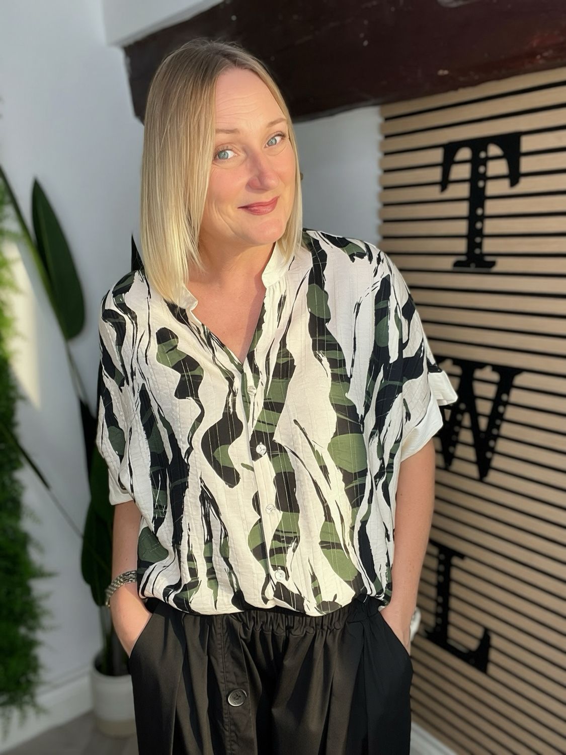 Abstract Relaxed Shirt - Green, Black & Off White