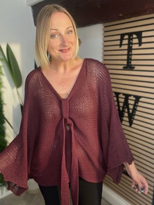 Batwing Knitted Top With Front Detail - Wine